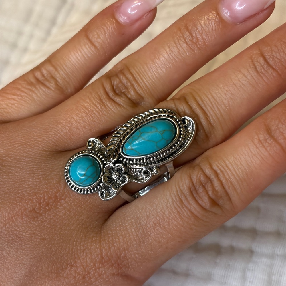 Turquoise Silver Statement Ring - Blue Floral Design